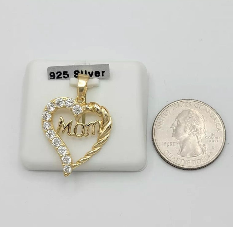 925 Solid Sterling Silver & Gold Plated. CZ Mom Heart Mother Pendant Necklace