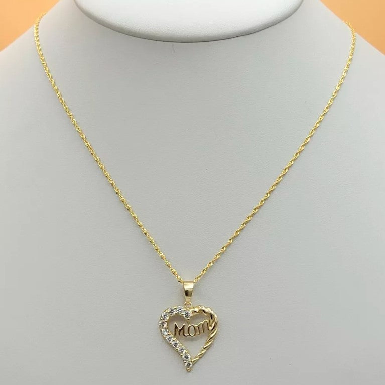925 Solid Sterling Silver & Gold Plated. CZ Mom Heart Mother Pendant Necklace