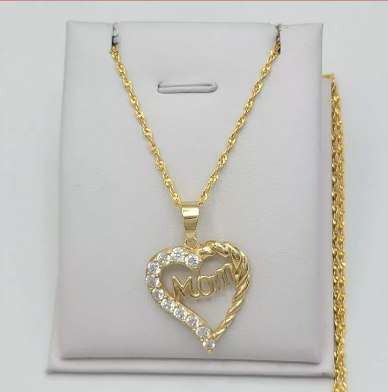 925 Solid Sterling Silver & Gold Plated. CZ Mom Heart Mother Pendant Necklace