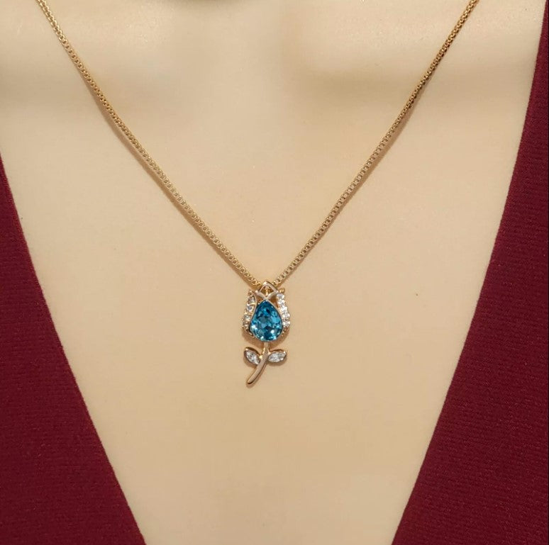 18K Gold Plated Woman Jewelry Rose Flower with blue crystal Pendant Necklace