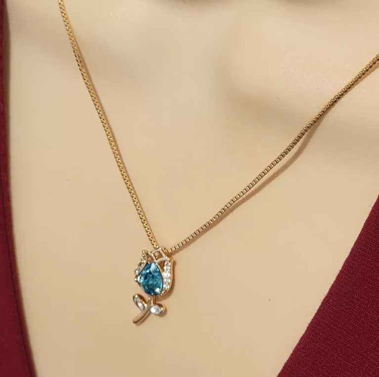 18K Gold Plated Woman Jewelry Rose Flower with blue crystal Pendant Necklace