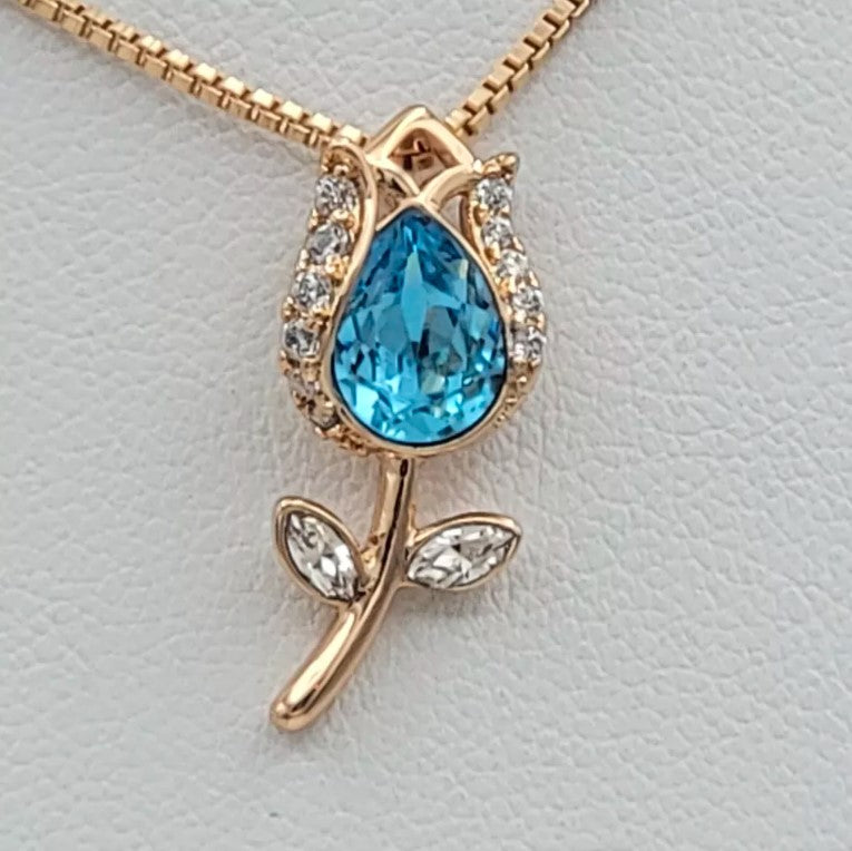 18K Gold Plated Woman Jewelry Rose Flower with blue crystal Pendant Necklace