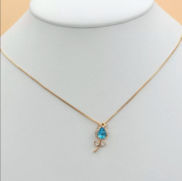 18K Gold Plated Woman Jewelry Rose Flower with blue crystal Pendant Necklace