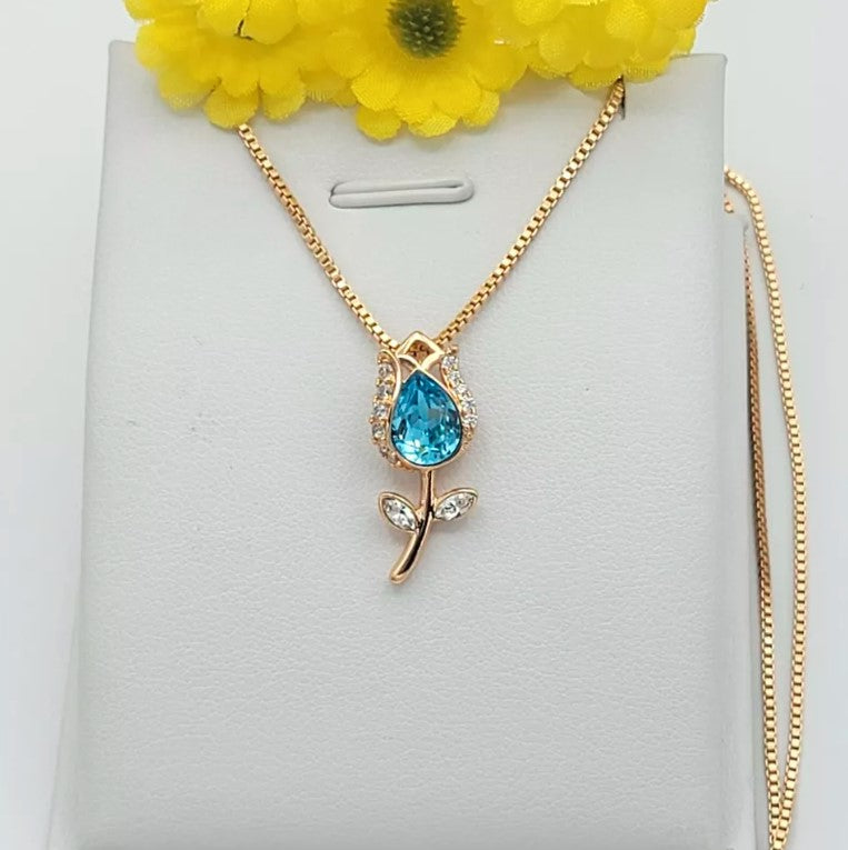 18K Gold Plated Woman Jewelry Rose Flower with blue crystal Pendant Necklace