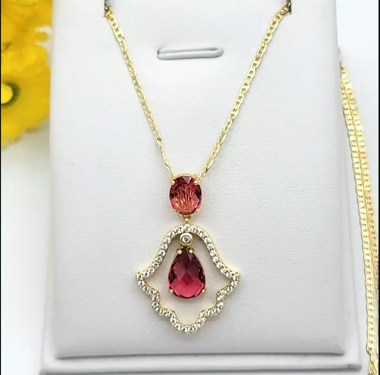 14K Gold Plated Hamsa Fatima Hand Dark Pink Red CZ Movable Charm Necklace