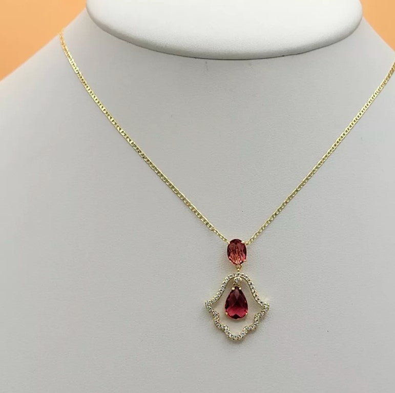 14K Gold Plated Hamsa Fatima Hand Dark Pink Red CZ Movable Charm Necklace