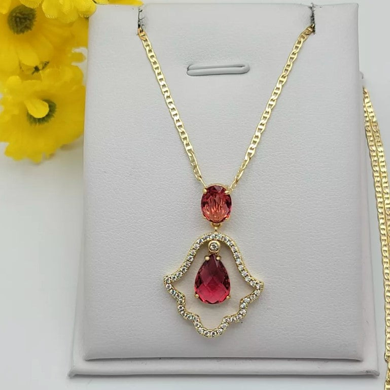 14K Gold Plated Hamsa Fatima Hand Dark Pink Red CZ Movable Charm Necklace