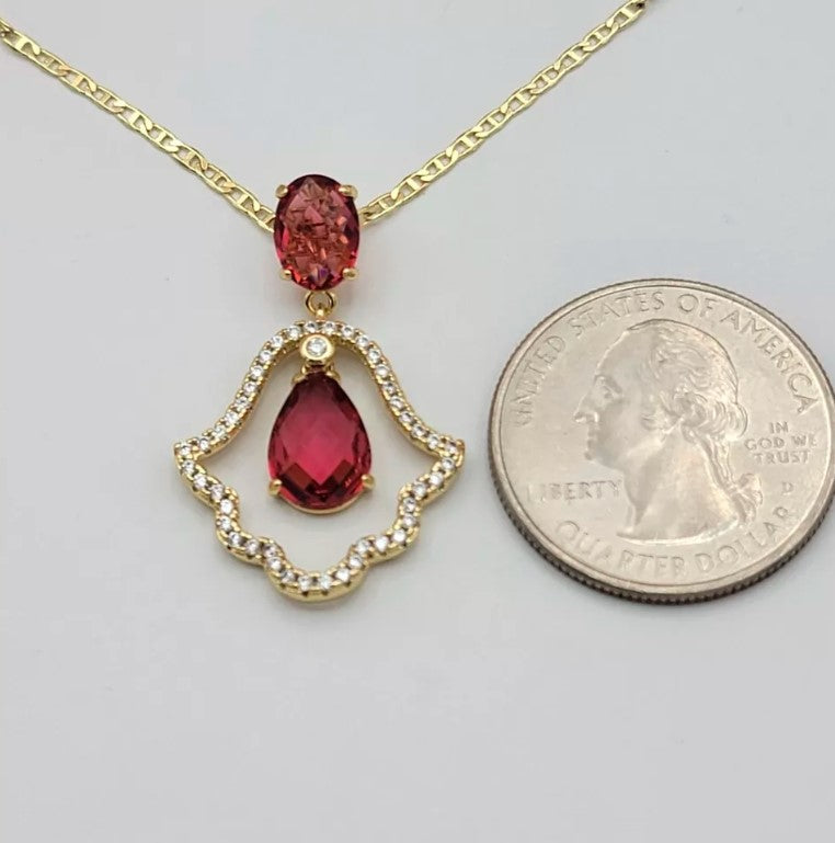 14K Gold Plated Hamsa Fatima Hand Dark Pink Red CZ Movable Charm Necklace