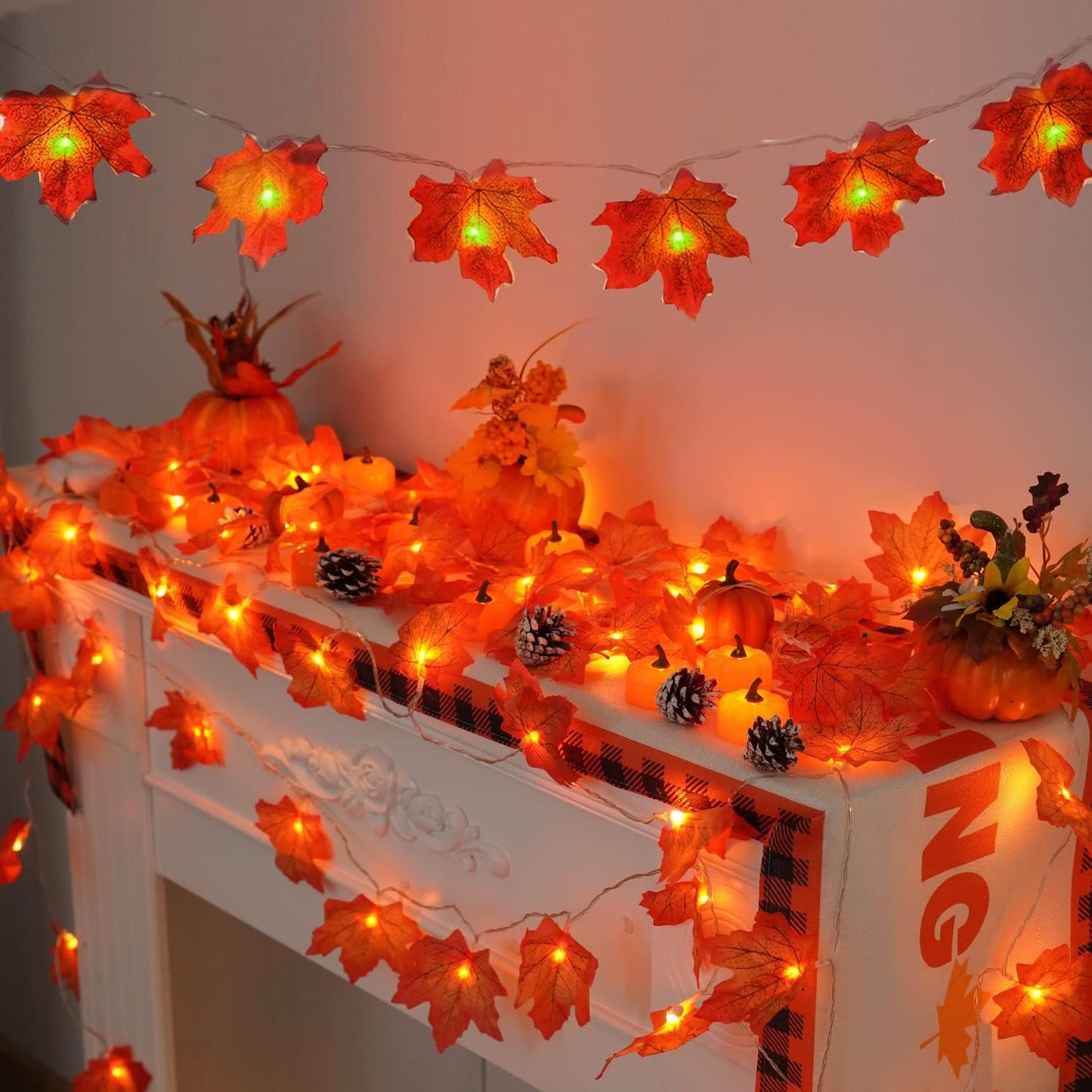 4 PCS LED Lighted Maple Leaves Garland for Halloween and Autumn Decor