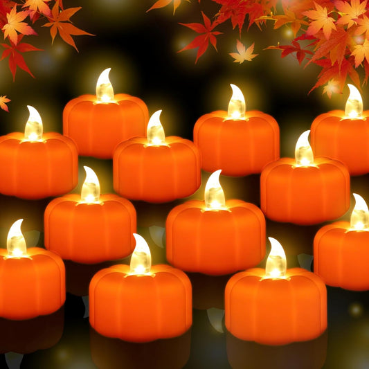 12 Pack LED Orange Pumpkin Lights Flameless Candles Battery Operated, Halloween Flickering Tealight Candle for Home Table Indoor Party Decor