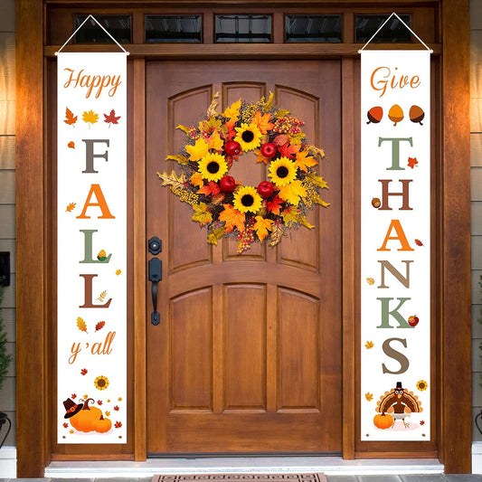 Happy Fall & Give Thanks Porch Banners for Fall Thanksgiving Decorations Indoor and Outdoor