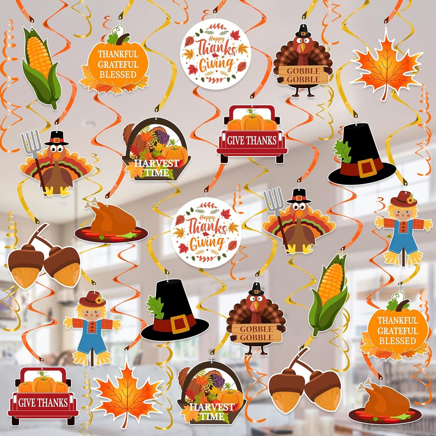 36Pcs Thanksgiving Hanging Ceiling Streamers - Turkey Corns Pumpkin Maple Leaves Swirls for Home Indoor Outdoor