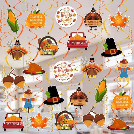 36Pcs Thanksgiving Hanging Ceiling Streamers - Turkey Corns Pumpkin Maple Leaves Swirls for Home Indoor Outdoor