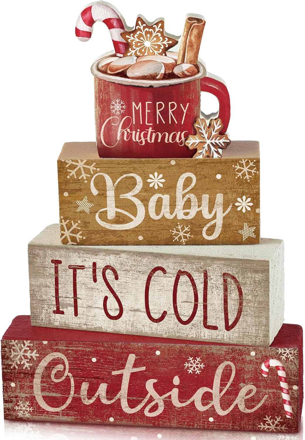 4 Pcs Wooden Christmas Tabletop Decor Christmas Cocoa Tiered Tray Decor Rustic Wood Hot Cocoa Block Sign Gift, Cocoa