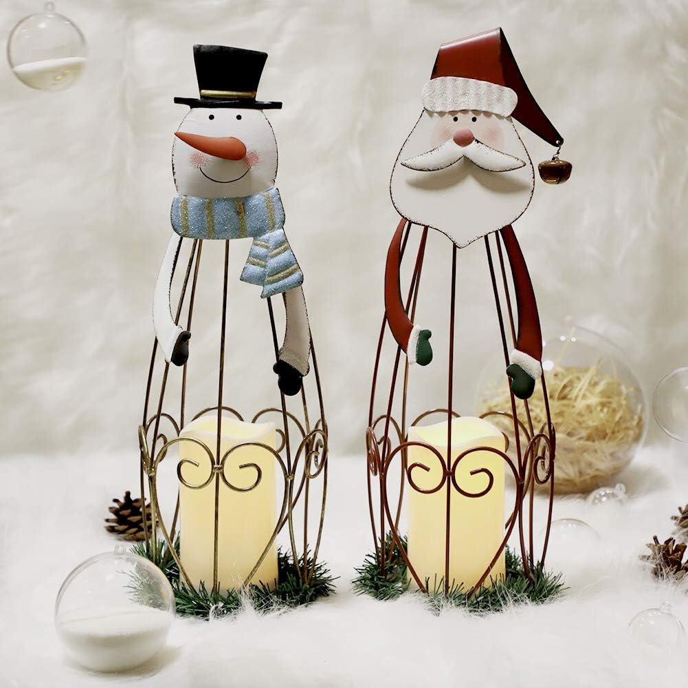 2 Pack Christmas Candle Lantern with LED Lights, Metal Lighted Santa Claus Lanterns for Christmas Holiday Home Decorations