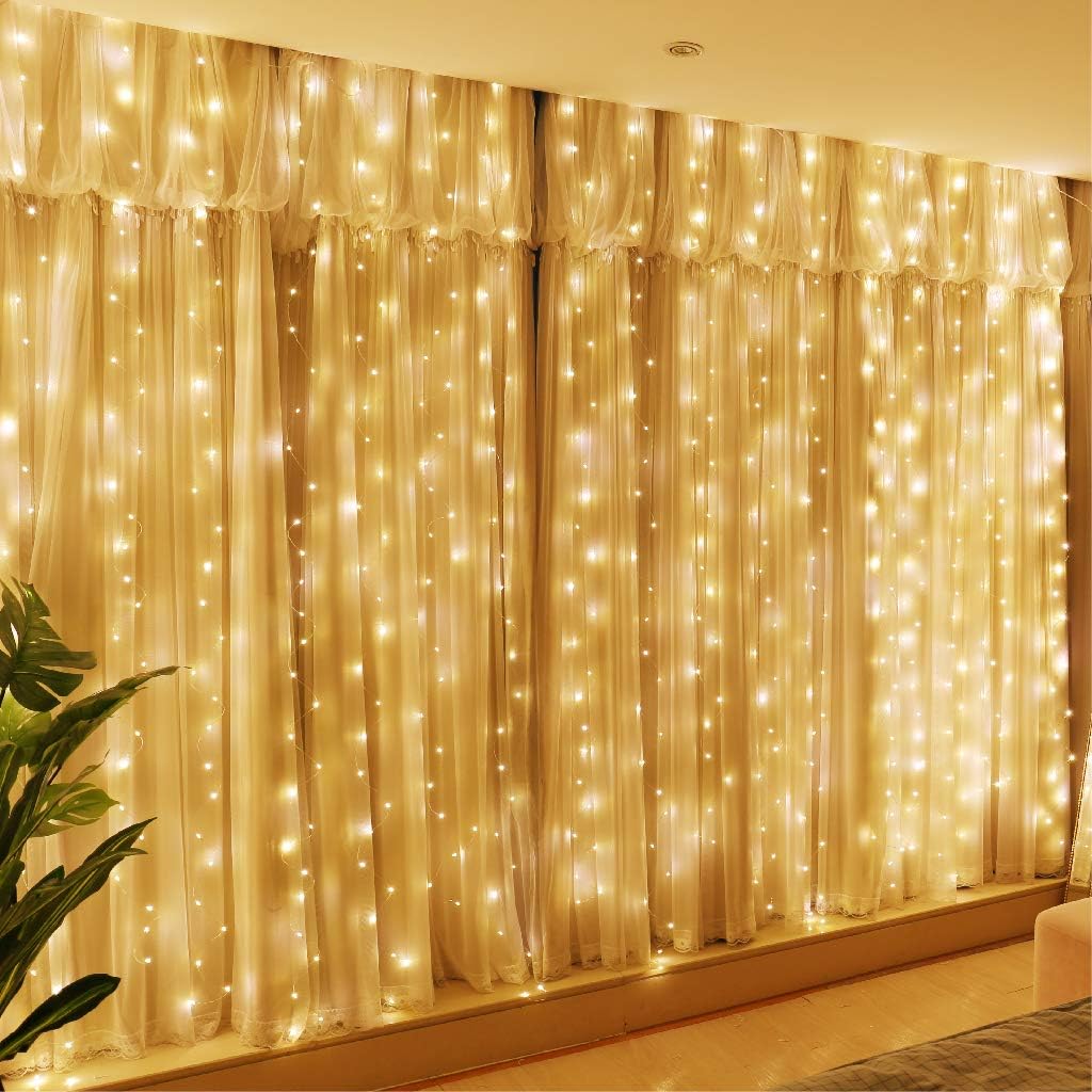 300LED Fairy Curtain Lights, 9.8x9.8Ft Warm White USB Plug in 8 Modes Christmas String Hanging Lights with Remote for Bedroom, Indoor, Outdoor, Weddings, Party (Warm White)