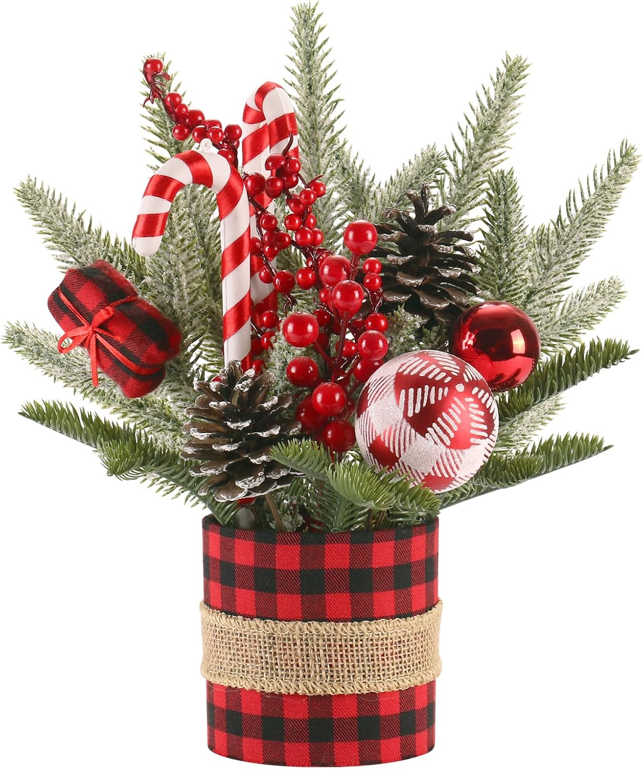 Small Buffalo Check Plaid Christmas Tree, Artificial Mini Tabletop Christmas Tree Decorations with Xmas Ornaments, Red / Black