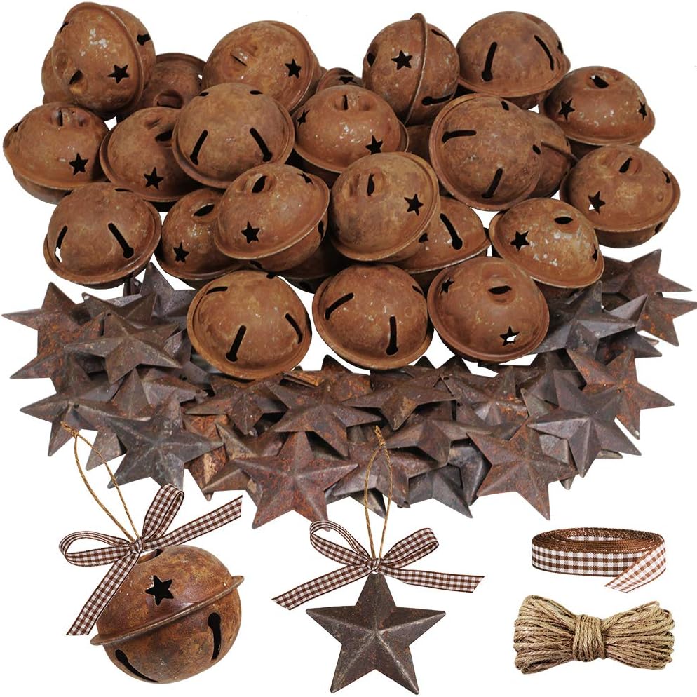 80 Pcs Rusty Metal Christmas Sleigh Bells Jingle Bells Rustic Craft Bell 1-1/2" and Dimensional Mini Rusted Metal Barn Stars