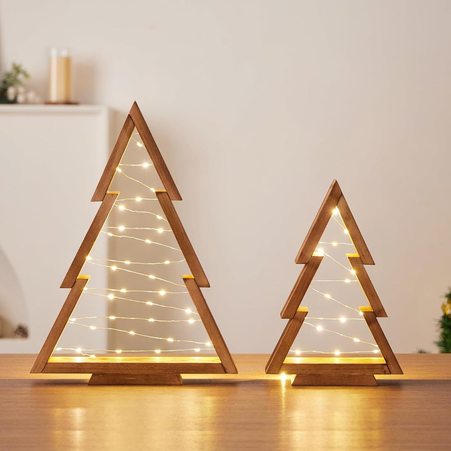 2 Pack Wooden Tabletop Christmas Trees with Lights, Modern Christmas Decorations Indoor, Farmhouse Christmas Decor