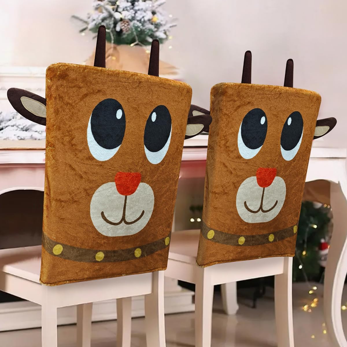 4Pcs Christmas Chair Back Covers: Cute Reindeer Face with Red Nose Dining Chair Covers