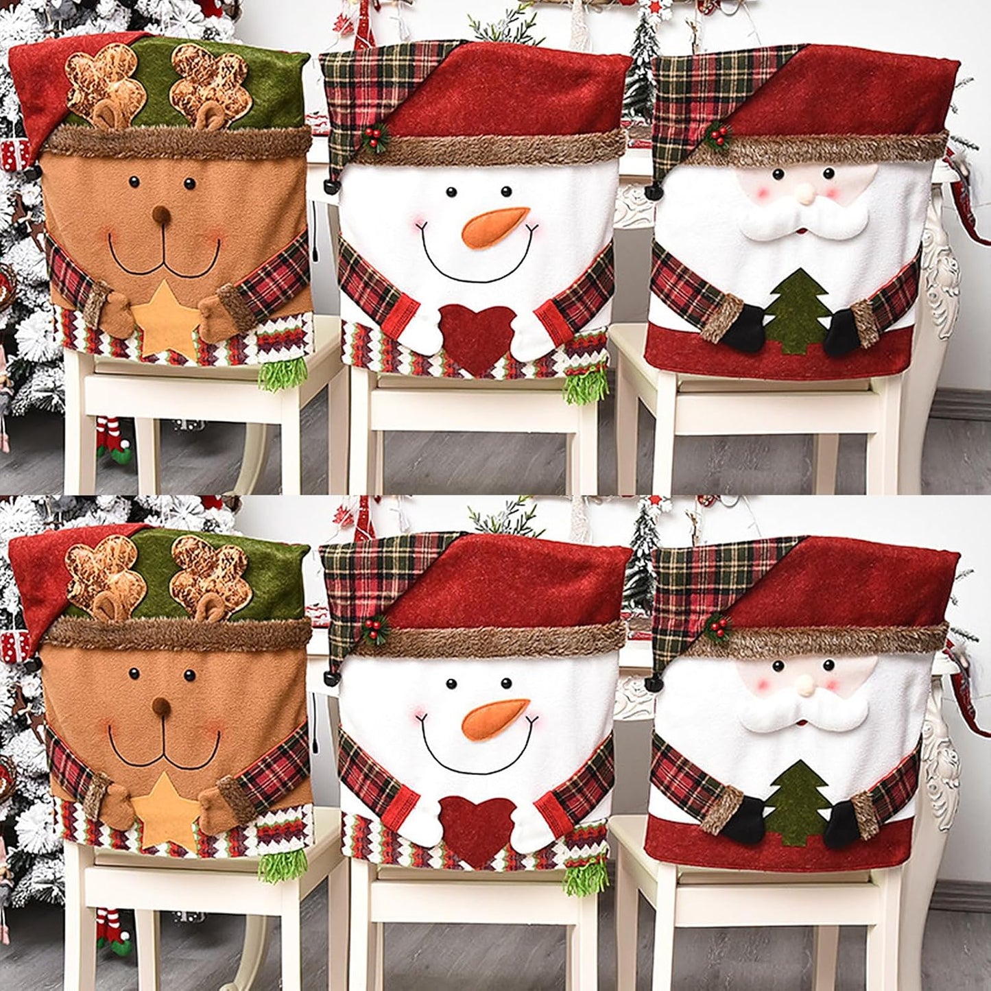 6 Pcs Christmas Chair Back Cover for Dining Room, Santa Claus Snowman Reindeer Xmas Dinner Chairs Cover