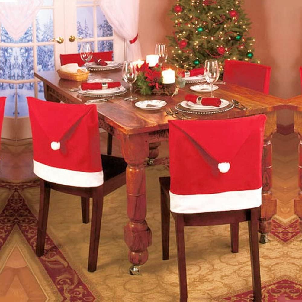 4-Pieces Christmas Chair Covers - Red Non-Woven Fabrics Santa Claus Hat Chair Back Covers for Xmas Decor