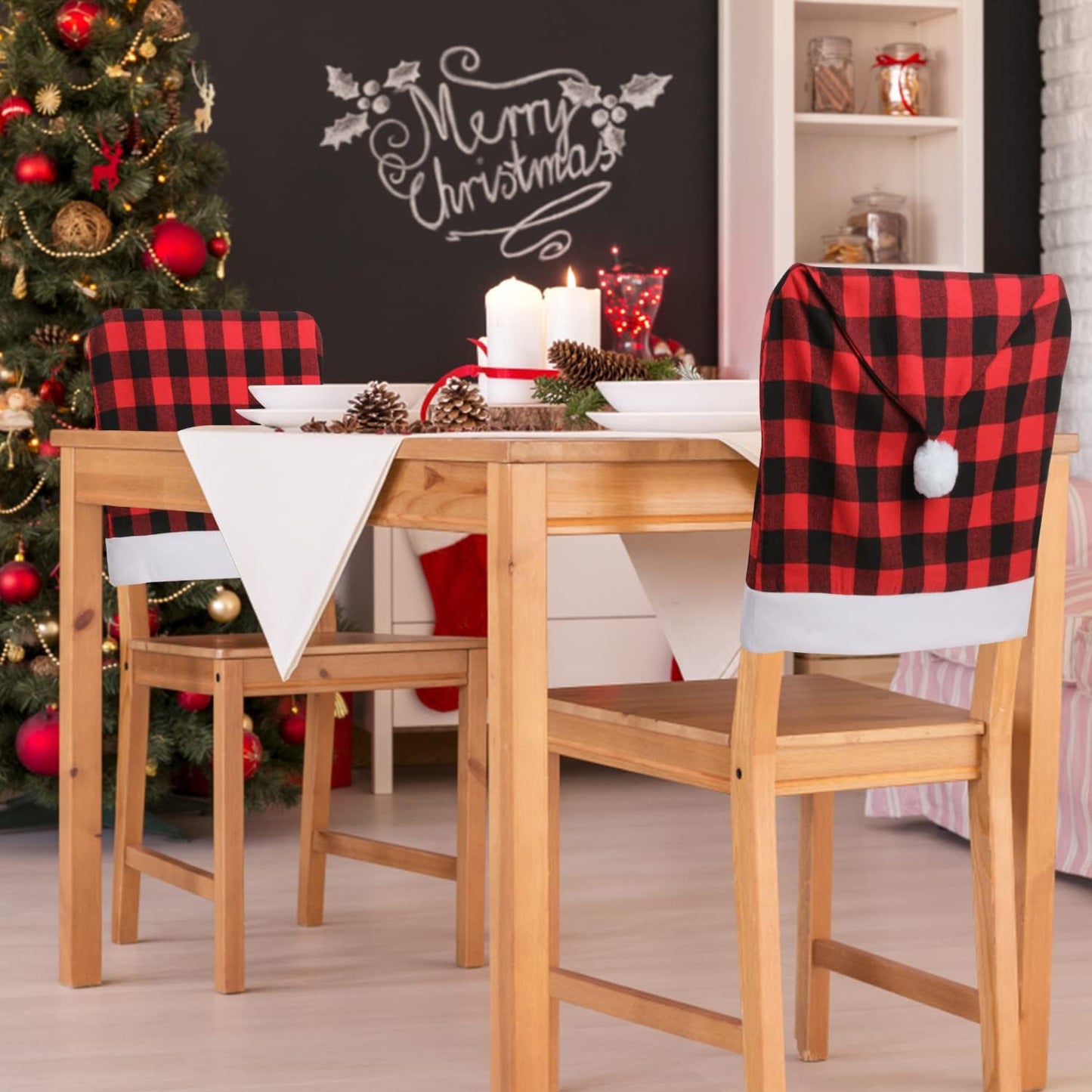 6pcs Christmas Chair Back Cover, Black and Red Grid Chair Slipcovers Hat Buffalo Plaid Christmas Back Covers