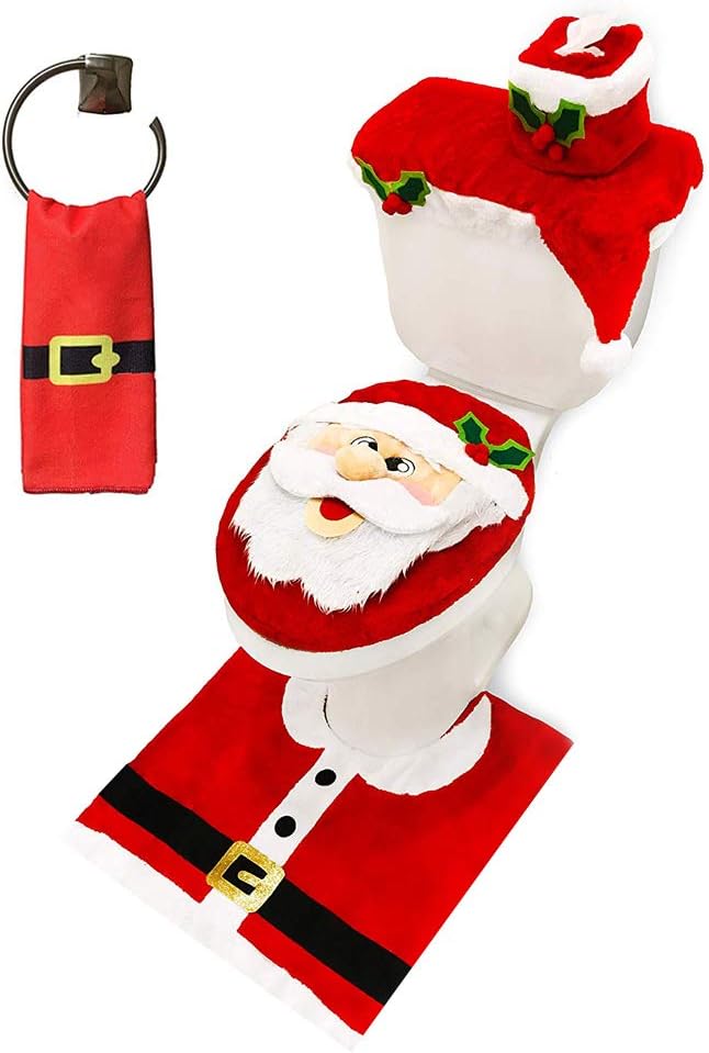 5 Pieces Christmas Theme Bathroom Decoration Set w/Toilet Seat Cover, Rugs, Tank Cover, Toilet Paper Box Cover, Santa