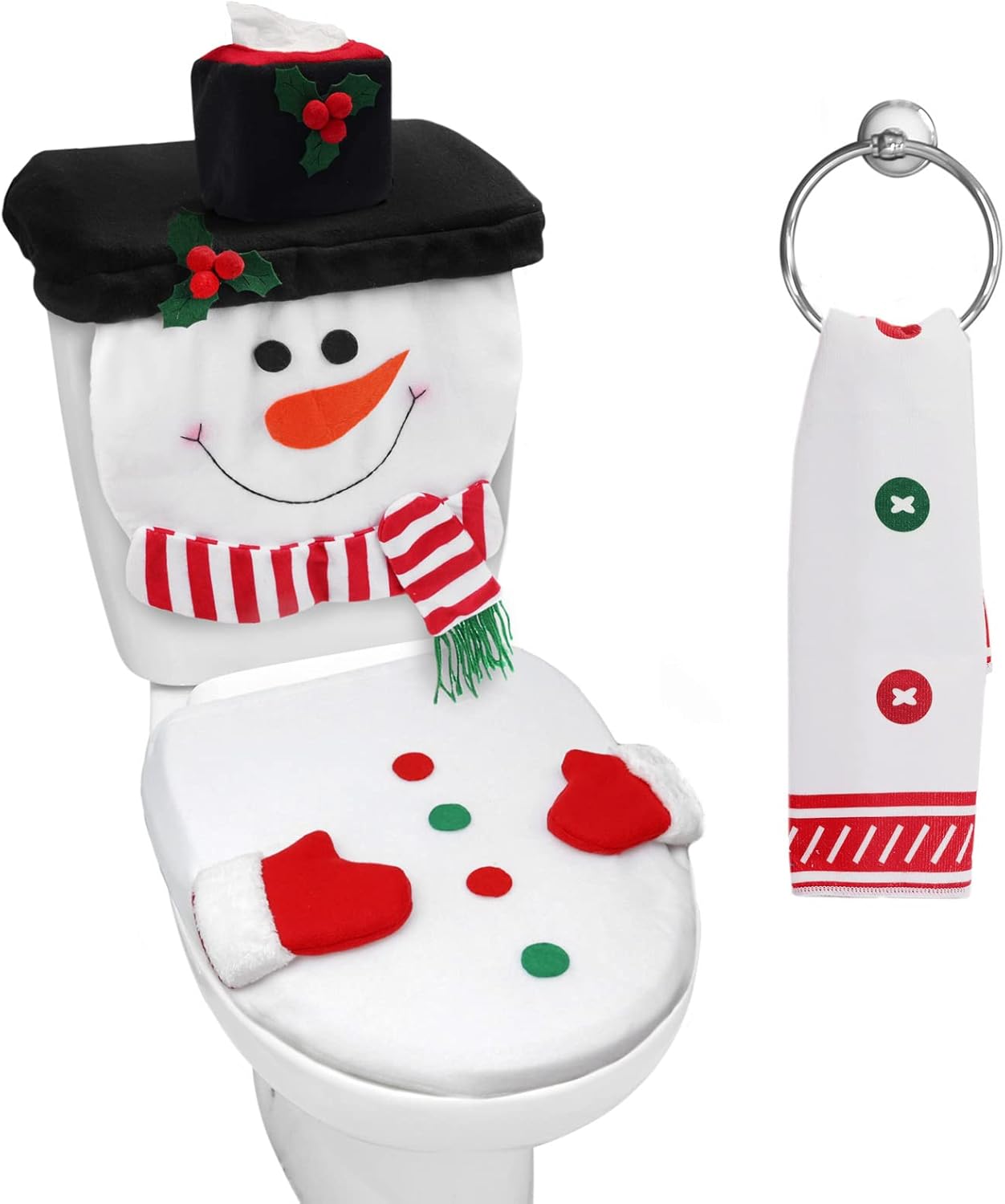 4 PCS Snowman Bathroom Decor Xmas White Toilet Lid Tank Cover, Toilet Paper Box Cover Towel for Christmas Decorations Indoor Home