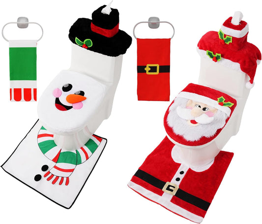 2 Set 5 Pieces Christmas Theme Bathroom Decoration Set w/Toilet Seat Cover, Rugs, Tank Cover, Toilet Paper Box Cover and Santa Towel for Xmas