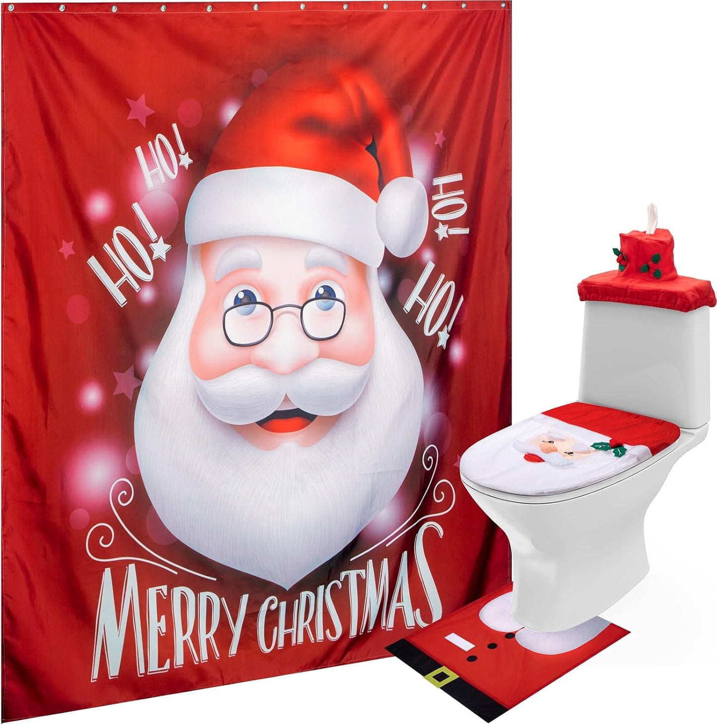 Set 4 Pieces Santa Toilet Seat Cover Set and Shower Curtains, Santa on The Toilet Ornament