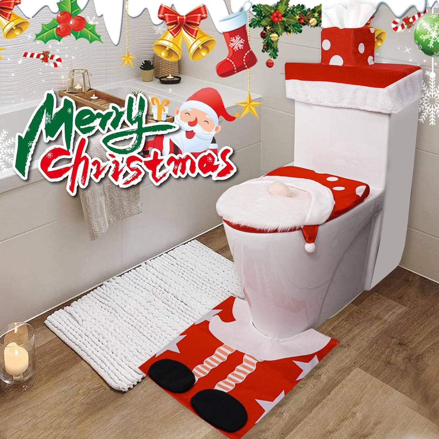 3 PCS Christmas Bathroom Sets Christmas Toilet Seat Cover Decorations, 3D Santa Gnome Toilet Lid Tank Cover Tissue Box