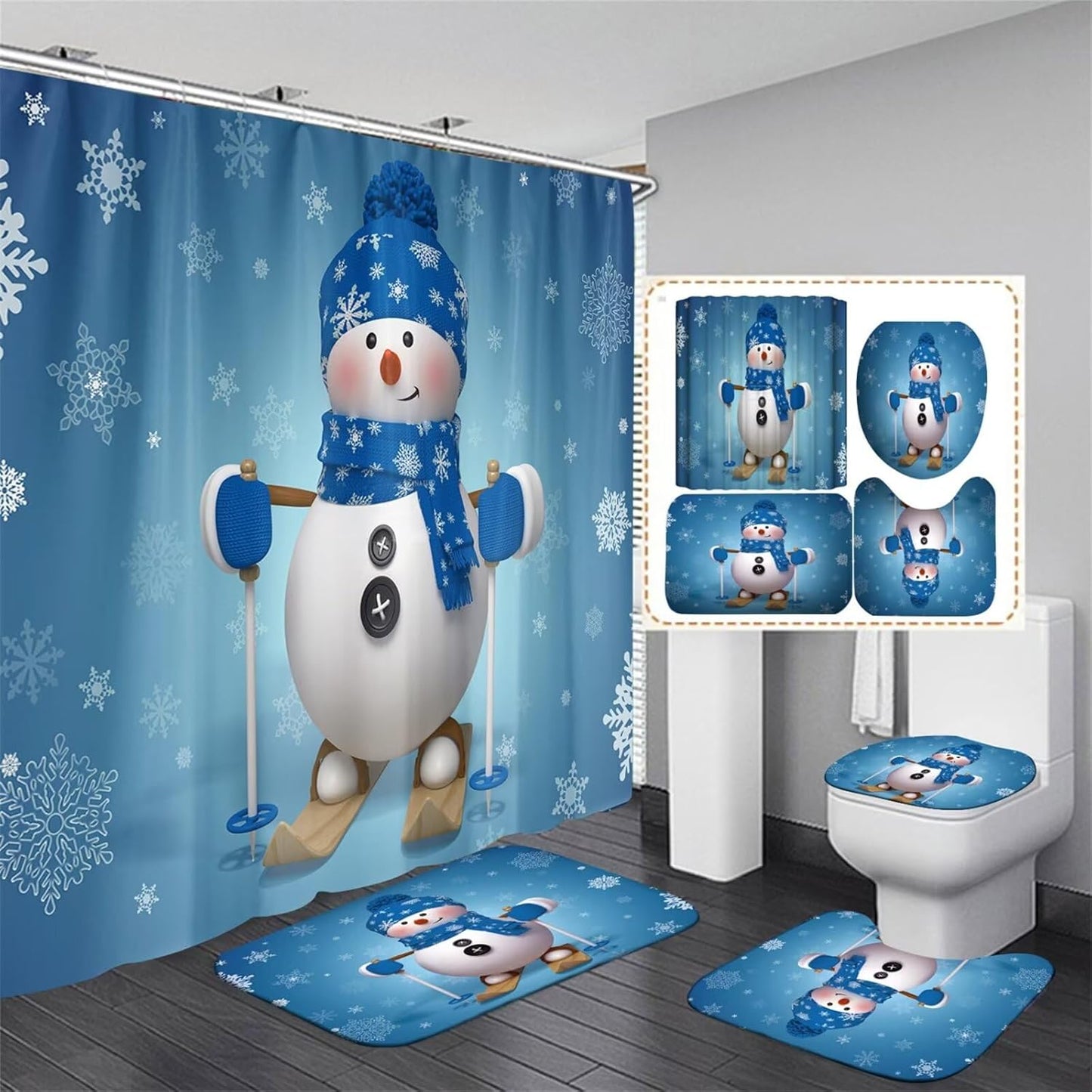 4Pcs Christmas Snowman Shower Curtain Sets Winter Snowflake Blue Bathroom Set Decor with Non-Slip Rugs Bath U-Shaped Mat Toilet Lid Cover