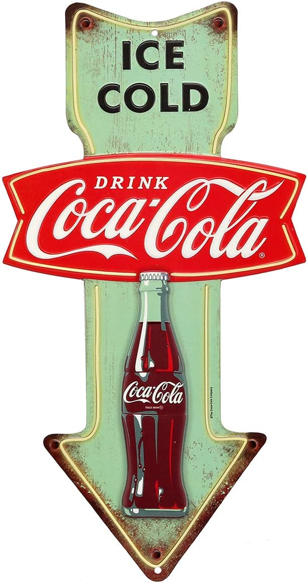 Coca-Cola Ice Cold Arrow Embossed Metal Sign - Vintage Diner Coca-Cola Sign for Kitchen or Man Cave