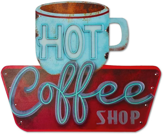 Vintage Tin Sign, Hot Coffee Shop, Embossed Metal Sign, Retro Metal Wall Decor 14 x 11.5 Inch