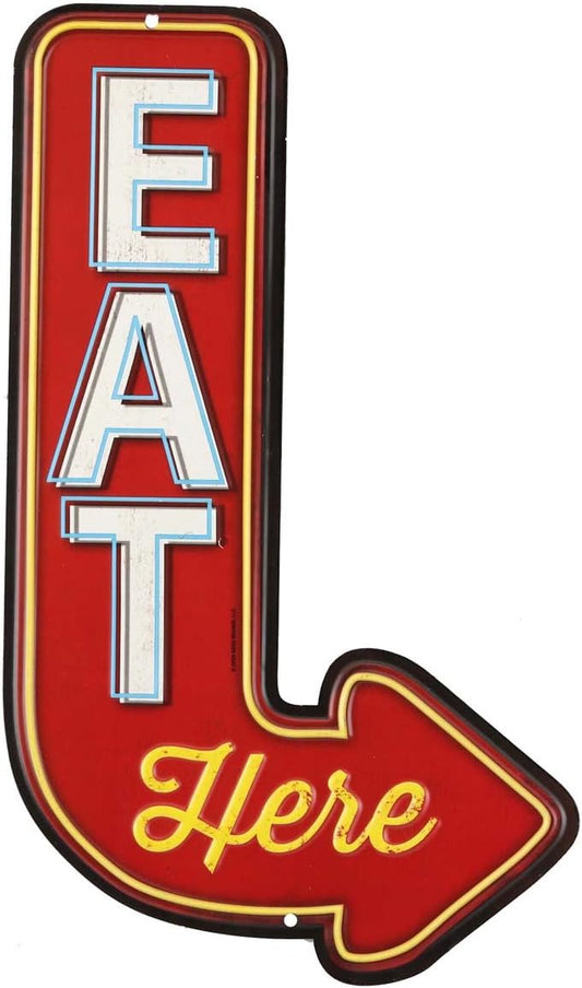 Eat Here Arrow Embossed Metal Sign - Vintage Diner Sign for Kitchen, Red/White