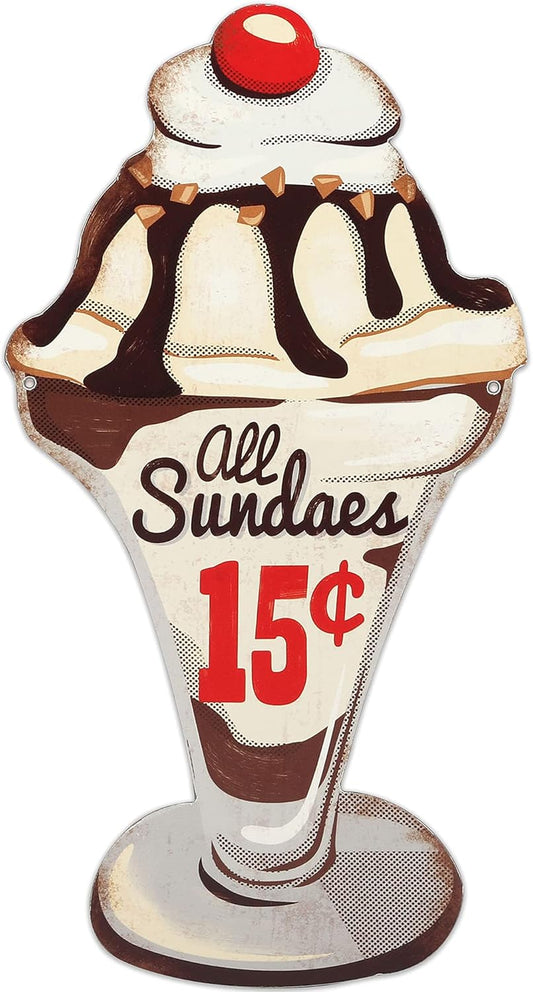 Vintage Diner Ice Cream Sign for Home Decorating - All Sundaes 15 Cents