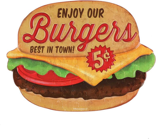 Enjoy Our Burgers Embossed Metal Sign