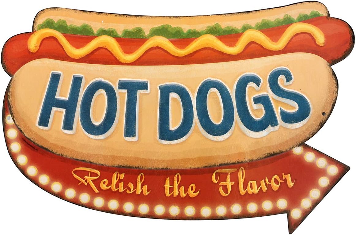 Hot Dogs Relish The Flavor Embossed Metal Wall Art Sign - Vintage Diner Hot Dog Sign With Arrow