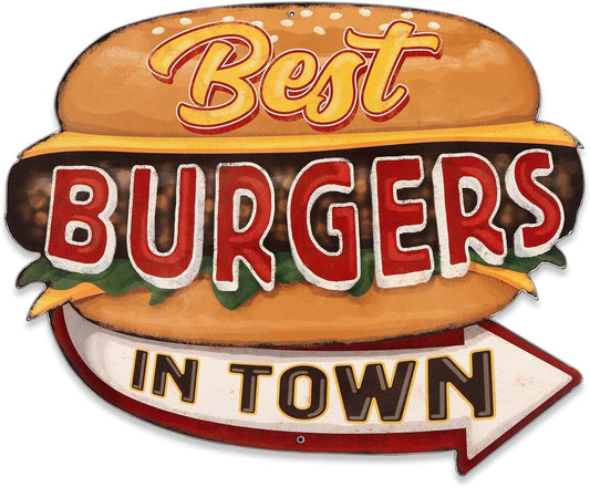 Best Burgers in Town Metal Sign - Large Vintage Diner Sign for Kitchen