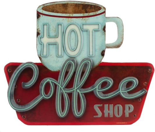 Hot Coffee Shop Embossed Metal Sign - Vintage Diner Coffee Sign for Kitchen