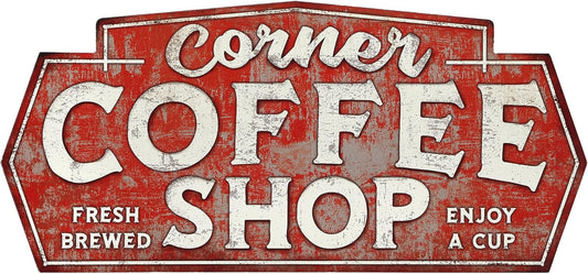 Corner Coffee Shop Metal Sign - Large Vintage Coffee Wall Decor