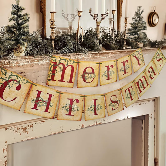 Vintage Merry Christmas Banner - Retro Nostalgic Traditional Old Fashioned Victorian Xmas Holiday Decor