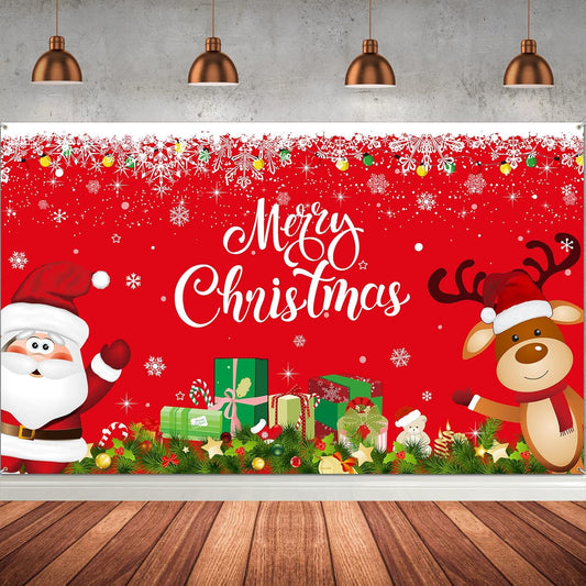 Christmas Banner Backdrop Santa Claus Reindeer Merry Christmas Banner Indoor for Xmas Holiday Party Photo Booth 72.8 X 43.3 Inch(Red, Solid-Color Pattern)