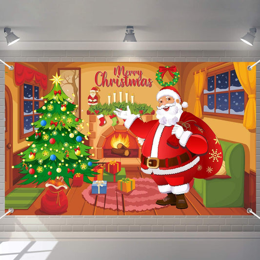 Christmas Santa Claus Banner Large Merry Xmas Door Cover Backdrop Decor Holiday Fabric Background