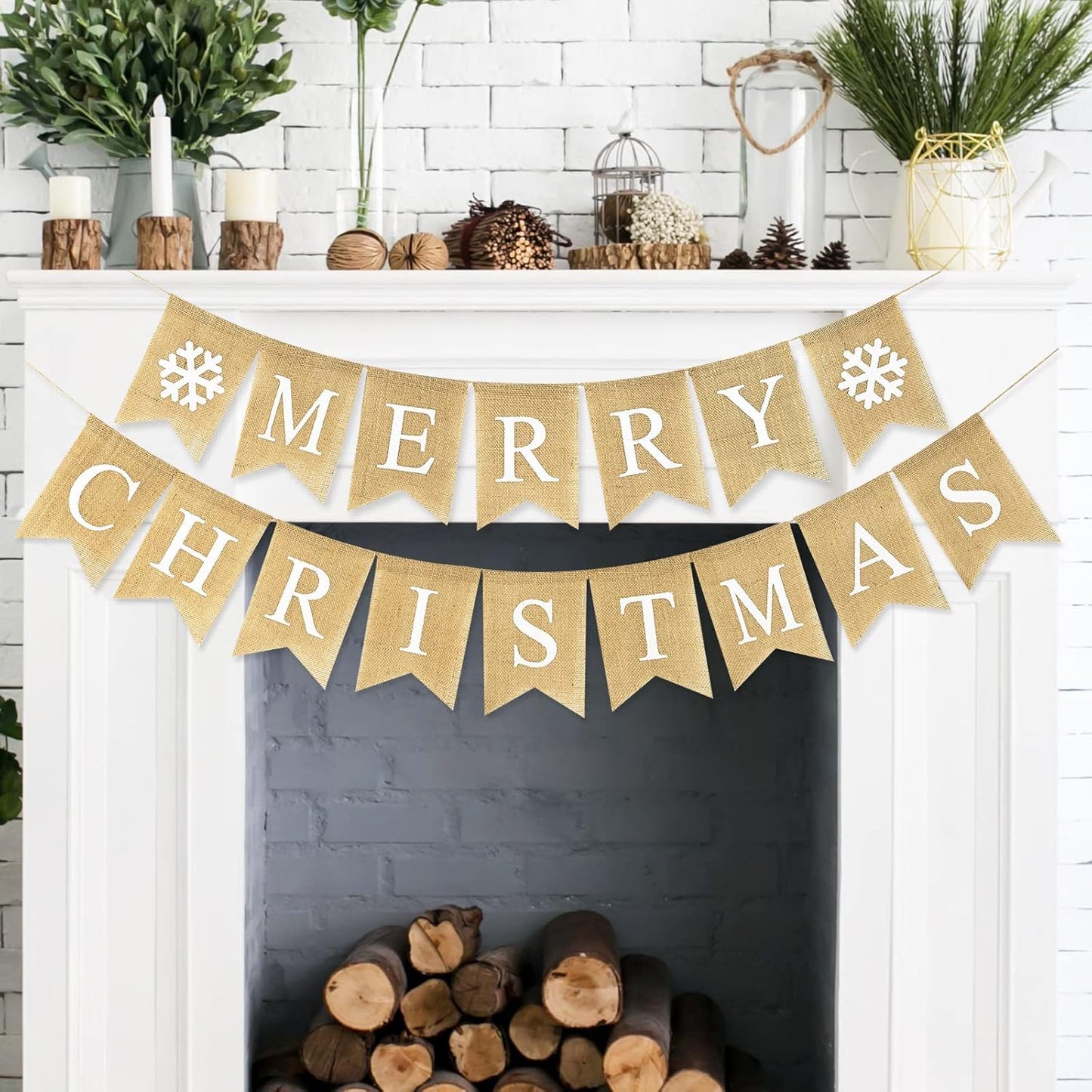 Merry Christmas Banner Burlap Christmas Fireplace Banner Christmas Wall Banners Snowflake