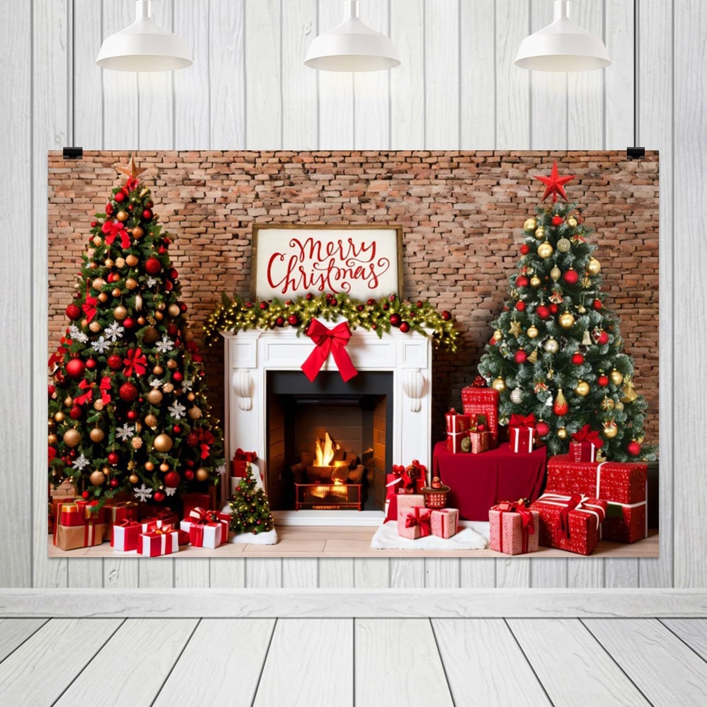 8x6ft Merry Christmas Fireplace Backdrop Xmas Trees New Year Fireplace Photo Background Santa