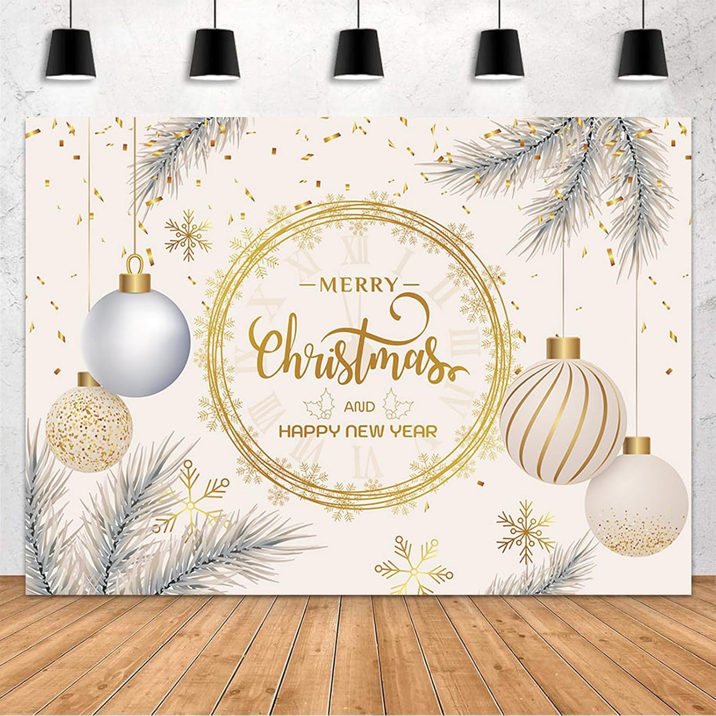 7x5ft Merry Christmas Backdrop Happy New Year Photography Background Christmas New Years Eve Xmas Tree Christmas Ball Festival Party Decoration