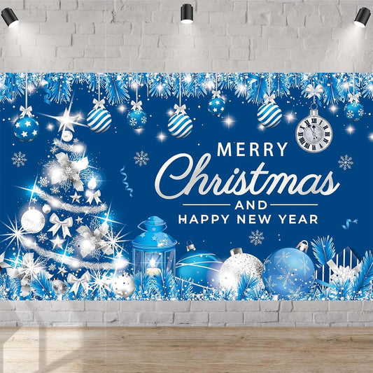 Blue Merry Christmas Banner – Large Christmas Banner Winter Holiday Party Sign with Silver Christmas Tree Snowflake Elements