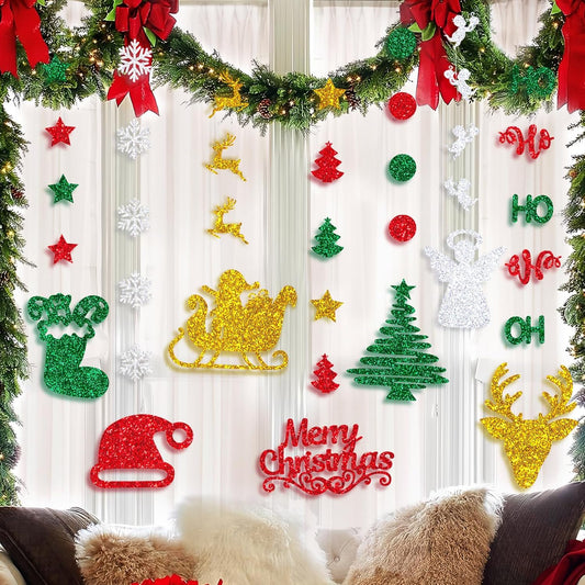 Glitter Christmas Hanging Banner Garland Decorations - Reindeer, Santa hat, Stocking, Tree, Santa Claus and More